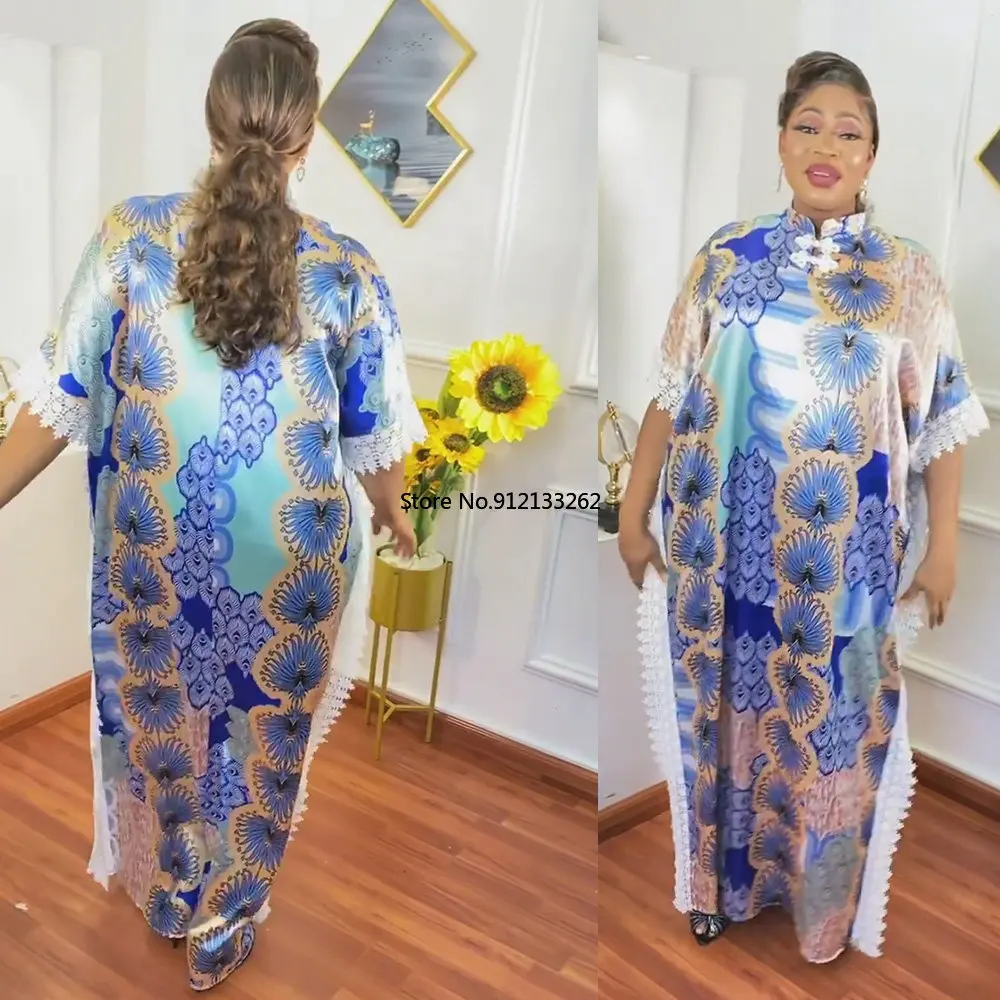 

ins African mom dress fashion quality comfortable stand collar bat sleeve silk fabric digital printing stitching lace