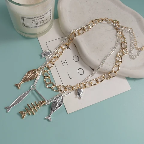 WEALTHYBOO Многослойное золотистое серебряное ожерелье с рыбкой