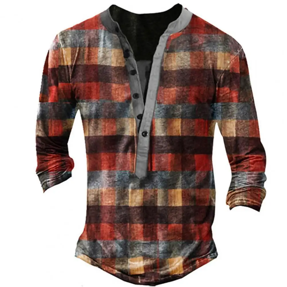 

Casual Mens T-shirts Spring Autumn Vintage Plaid Printing Long Sleeve Shirt Loose Buttoned V-Neck Tops Pullovers for Daily Wear