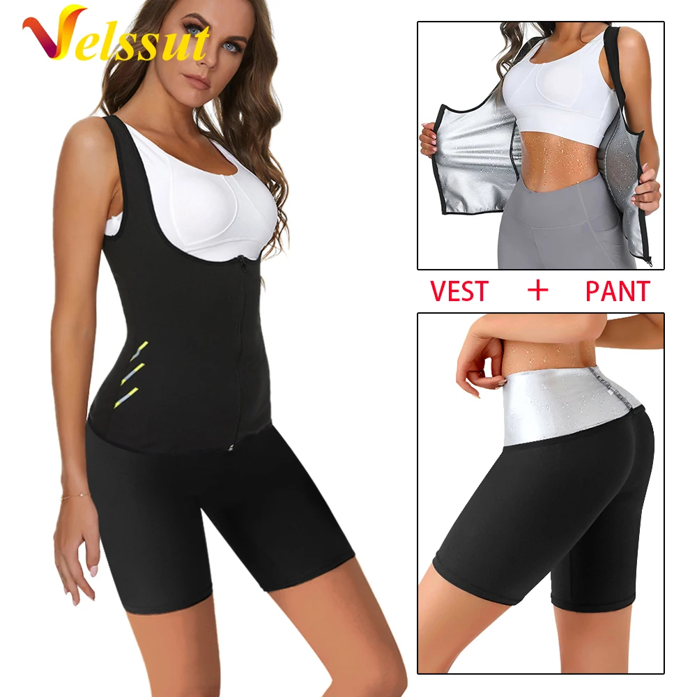 

Velssut Women Sweat Tank Top Pants for Weight Loss Slimming Sauna Zipper Vest Workout Leggings Gym Fat Burner Body Shaper Sport