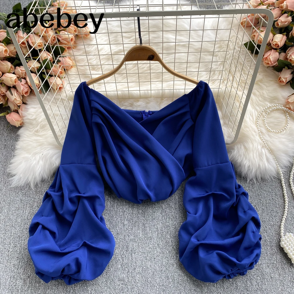 

Fashion Korean Women Blouse Design Long Sleeve V Neck Solid Slim Tops Autumn Chic Streetwear Short Blouses 2022 New
