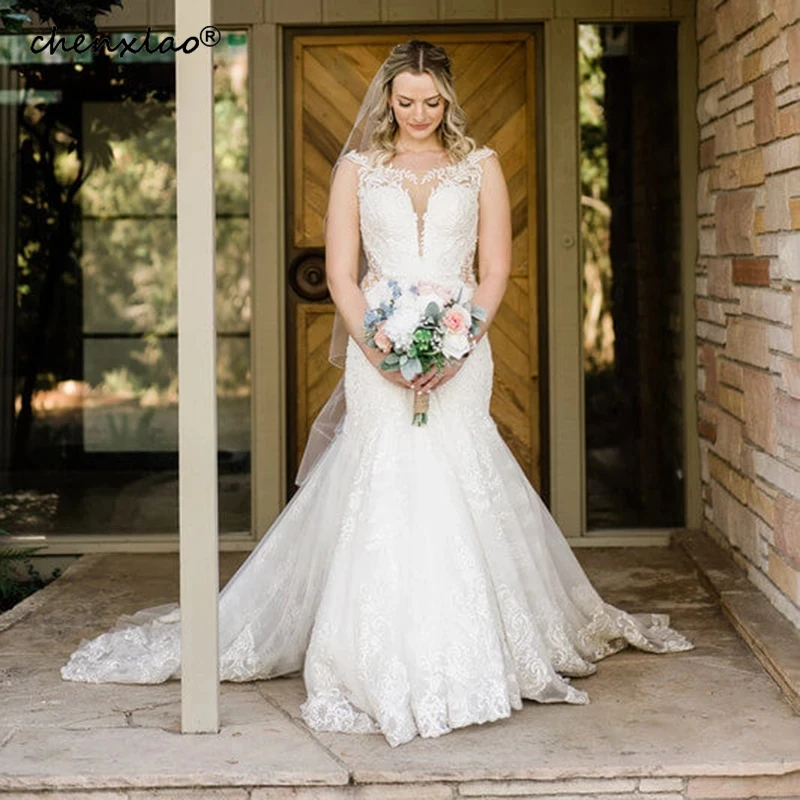 

Chenxiao Mermaid Wedding Dresses Bohemia O-neck Sleeveless Back Zipper Lace Ivory White Appliques Bridal Gowns Vestido de novia