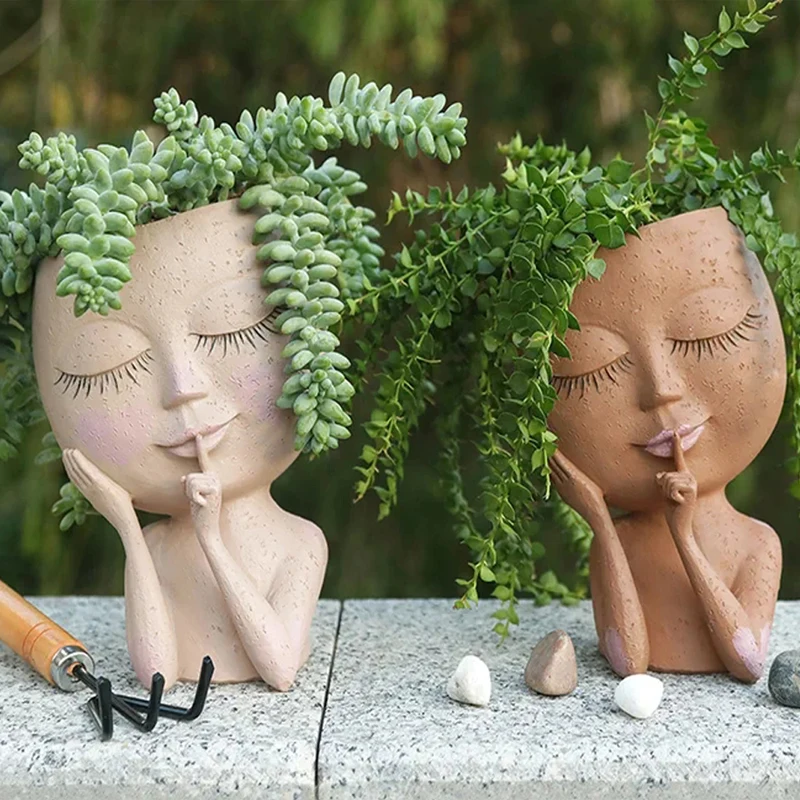 

Face Head Succulents Artificial Flower Pots Resin Girl Groot Planter Pot Bonsai Flowerpots Decorative Plant Cactus Drainage Hole