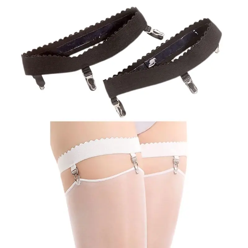 

50JB 2Pcs/P Womens Sexy Elastic Anti Slip Leg Garter Belt Ring Thigh High Stocking Suspenders with 3 Clips Cosplay Costume
