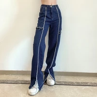 women casual front split wide leg denim pants 2021 high waist pant fashion jeans handsome streetwears straight trousers popular