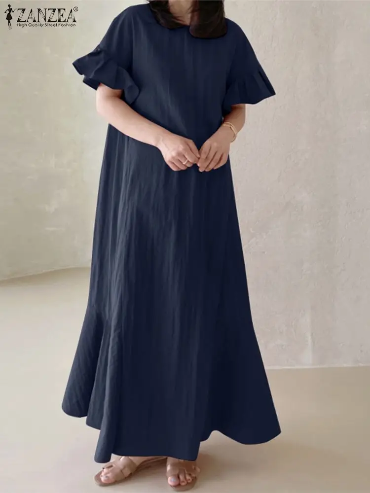 

Платье ZANZEA женское оверсайз, элегантный Однотонный сарафан с коротким рукавом и круглым вырезом, праздничное офисное платье
