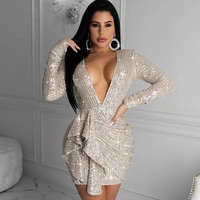 women sequined bodycon dress deep v neck long sleeve ruffles backless tight sexy nightclub party mini bandage dresses plus size