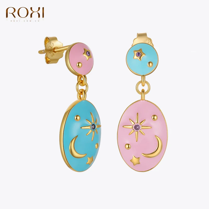 

ROXI Summer Moon Star Stud Earrings For Women 925 Silver 1 Pair Asymmetrical Punk Colorful Enamel Earrings Jewelry