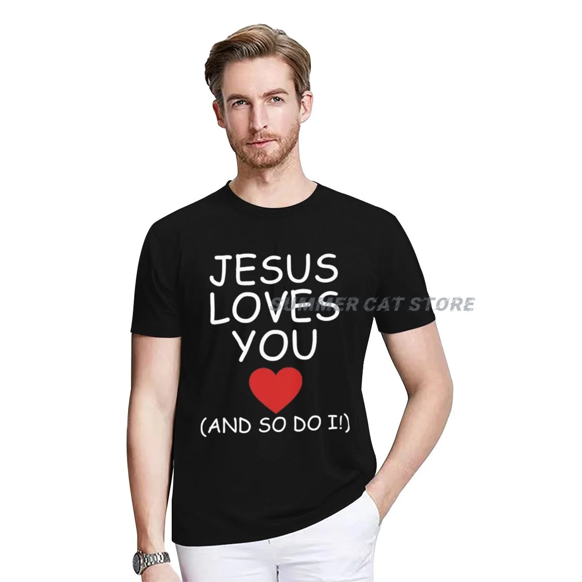 

Мужская футболка с надписью «Иисус любит тебя и так себе»
