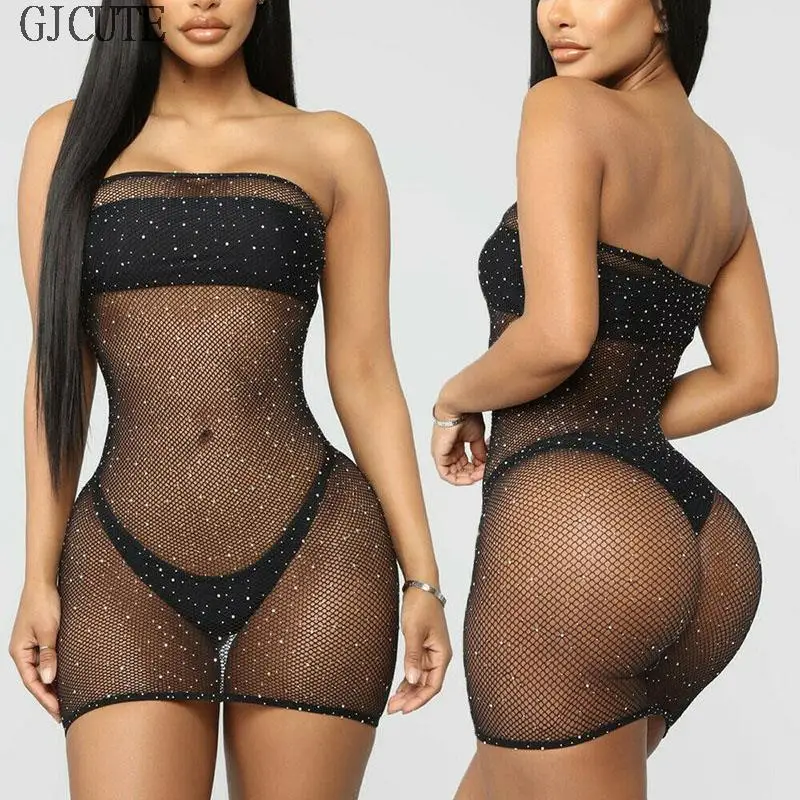 

Womens Off Shoulder Mesh Dress Fishnet Bathing Suit Bikini Swimwear Cover Up