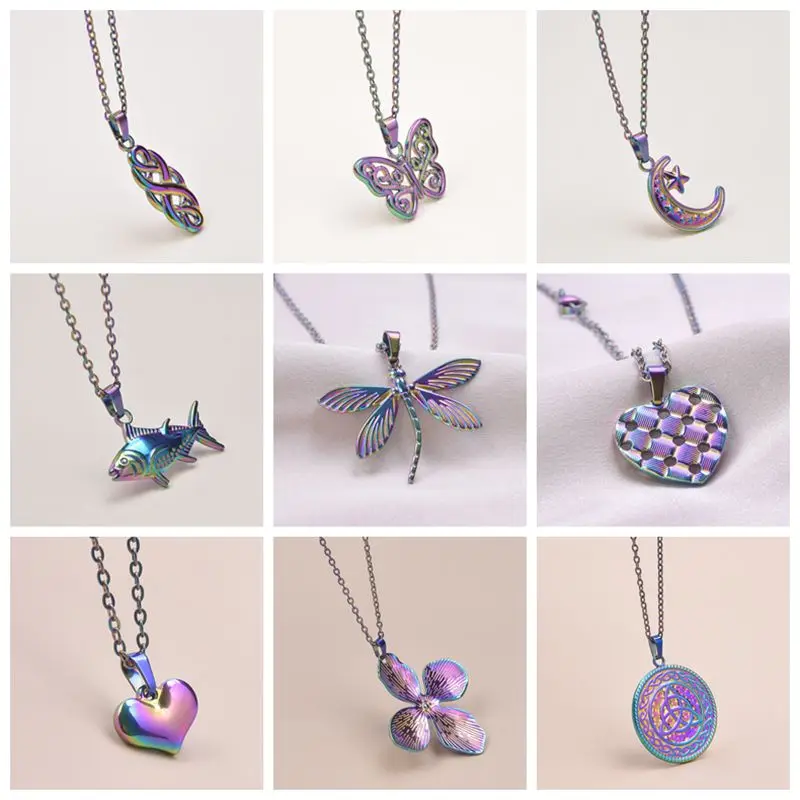 

Fashion New Design Rainbow Witch's Knot Moon Butterfly Dragonfly Stainless Steel Pendant Chains Necklaces For Women Jewelry Gift