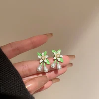 sweet green color sasanqua flower pendant earring for women female simulated pearl floral long dangle earrings holiday jewelry