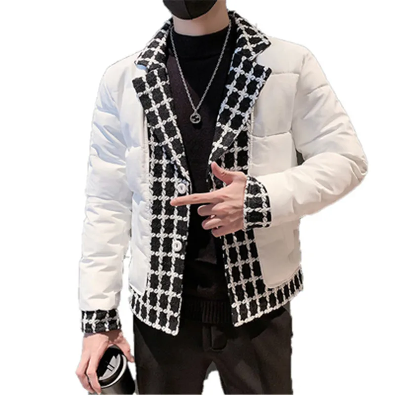 Heated Jacket Winter for Men Overcoat Patchwork Plaid Designer Long Sleeve Lapel Collar Casual Korean Style Parkas Man Clothing