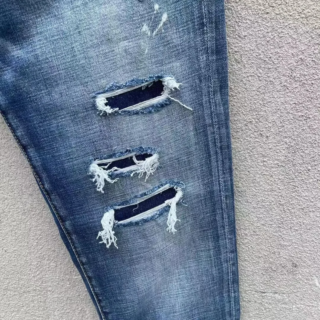 2023 Spring/Summer New D2 Jeans Men's Fashion Men's Water Wash Worn Hole Patch Paint Speckled Ink Small Foot Fit Blue