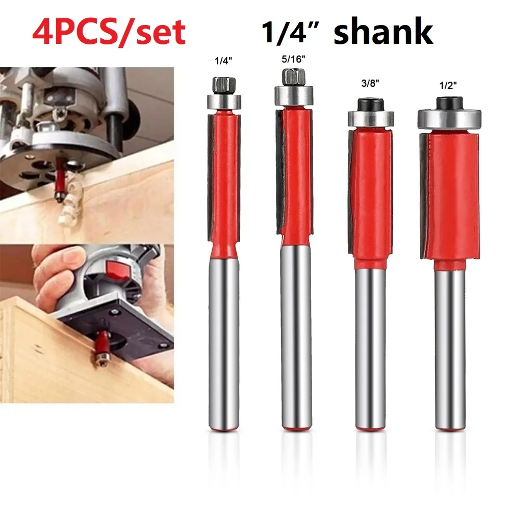 

4Pcs 1/4'' Shank Flush Trim Router Bit With Bearing For Woodworking Trimmer Carving Milling Cutter Bit Carbide Wood Tool