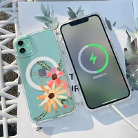flowers phone case for iphone 13 12 11 mini pro max transparent super magnetic magsafe cover