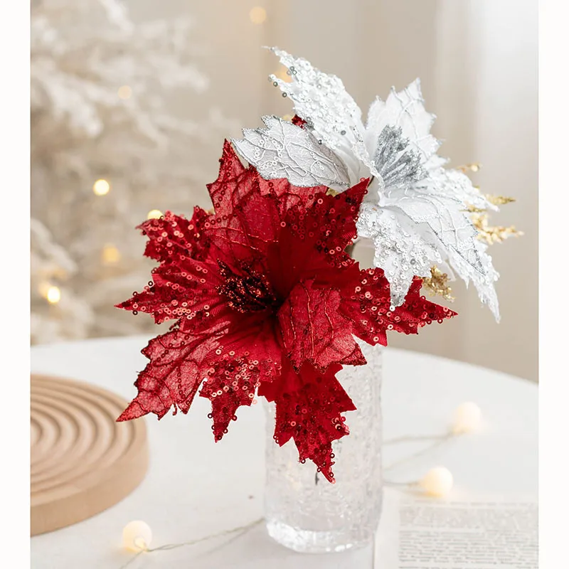

2pcs Glitter Artificial Christmas Flowers Xmas Tree Ornaments Merry Christmas Decorations for Home 2022 New Year Navidad Gifts