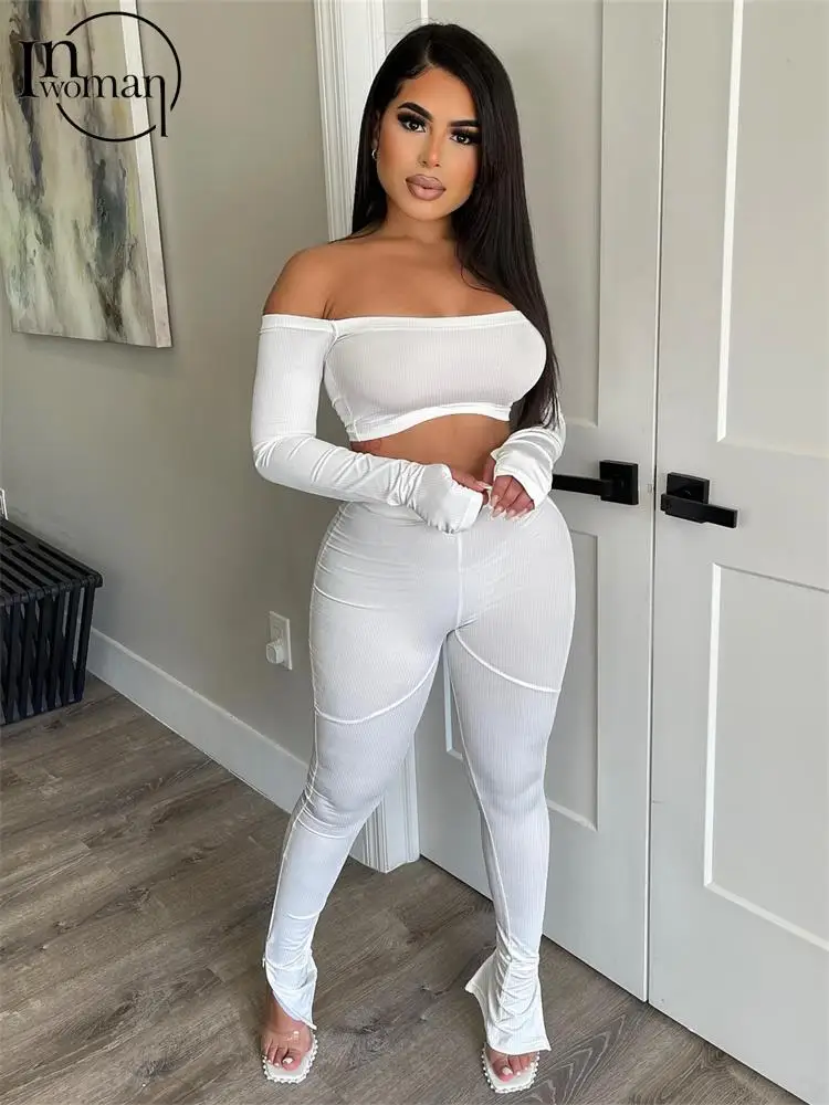 

Женский костюм-двойка в рубчик, с длинным рукавом и брюками