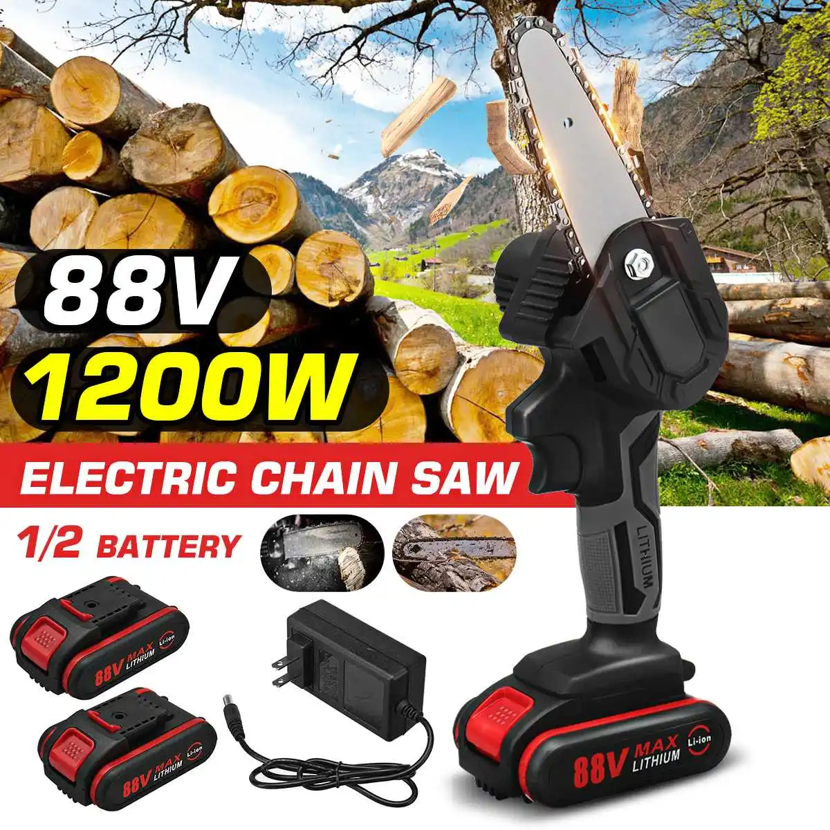 

88V 4 Inch 1200W Mini Pruning Saw Electric Chainsaws One-Handed Garden Trimming Logging Electric Saw Power Tools With 2 Battery
