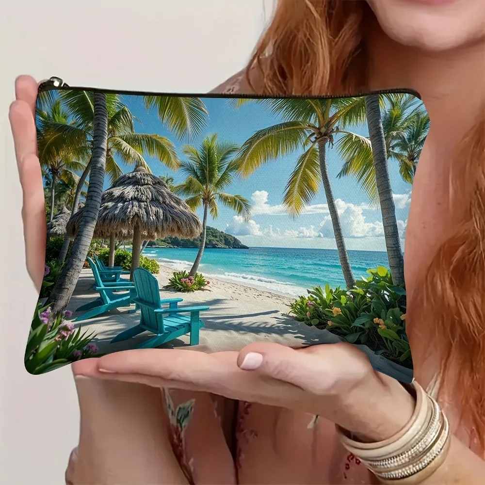 Фото Двусторонняя льняная косметичка Tropical Beach с дизайном пальм и бирюзового океана, дорожная сумка для туалетных принадлежностей, легкая и прочная №5