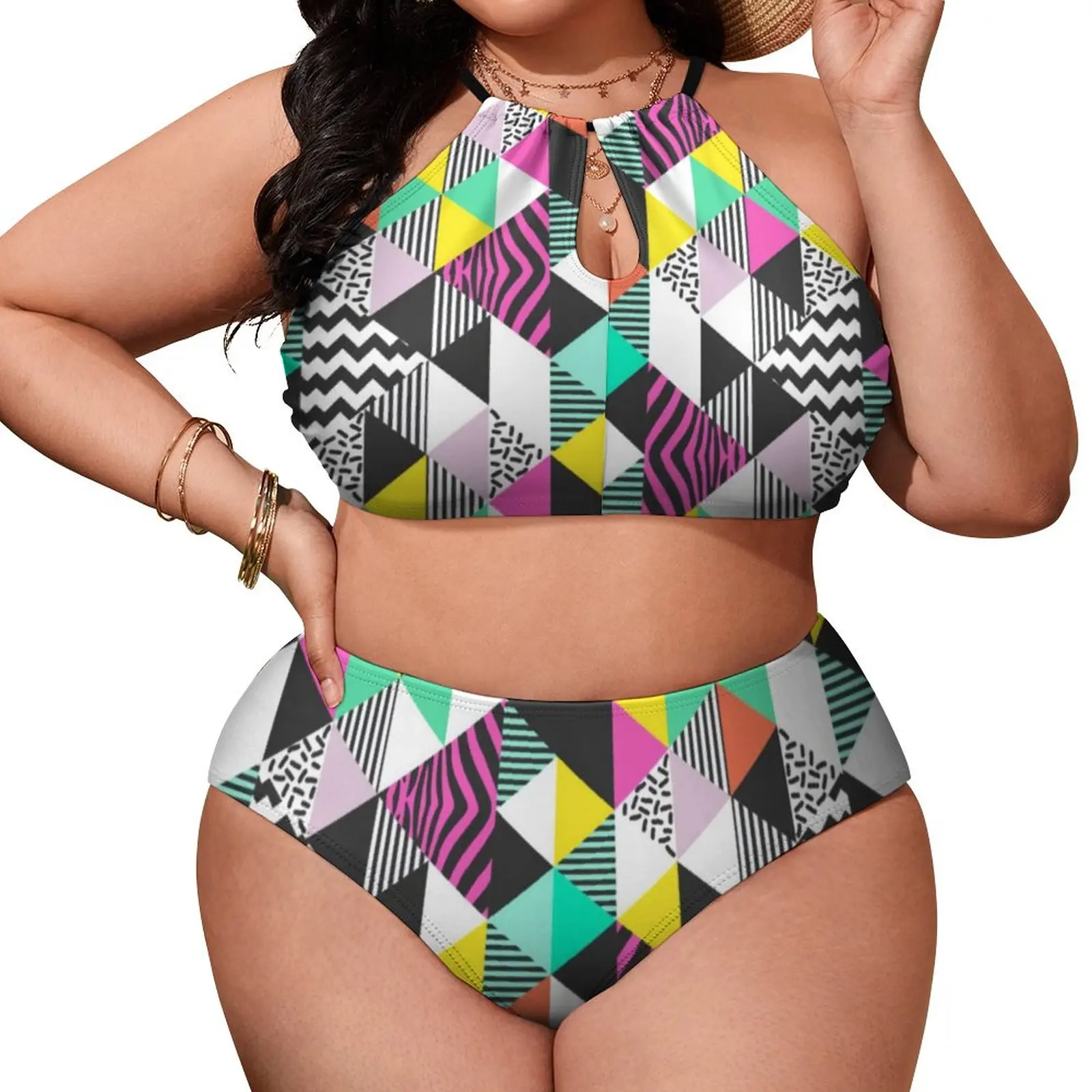 

Modern Geometric Art Bikini Swimsuit Abstract Triangles High Cut Bikini Set Swimwear Female Rave Swimsuits Beachwear Gift Idea