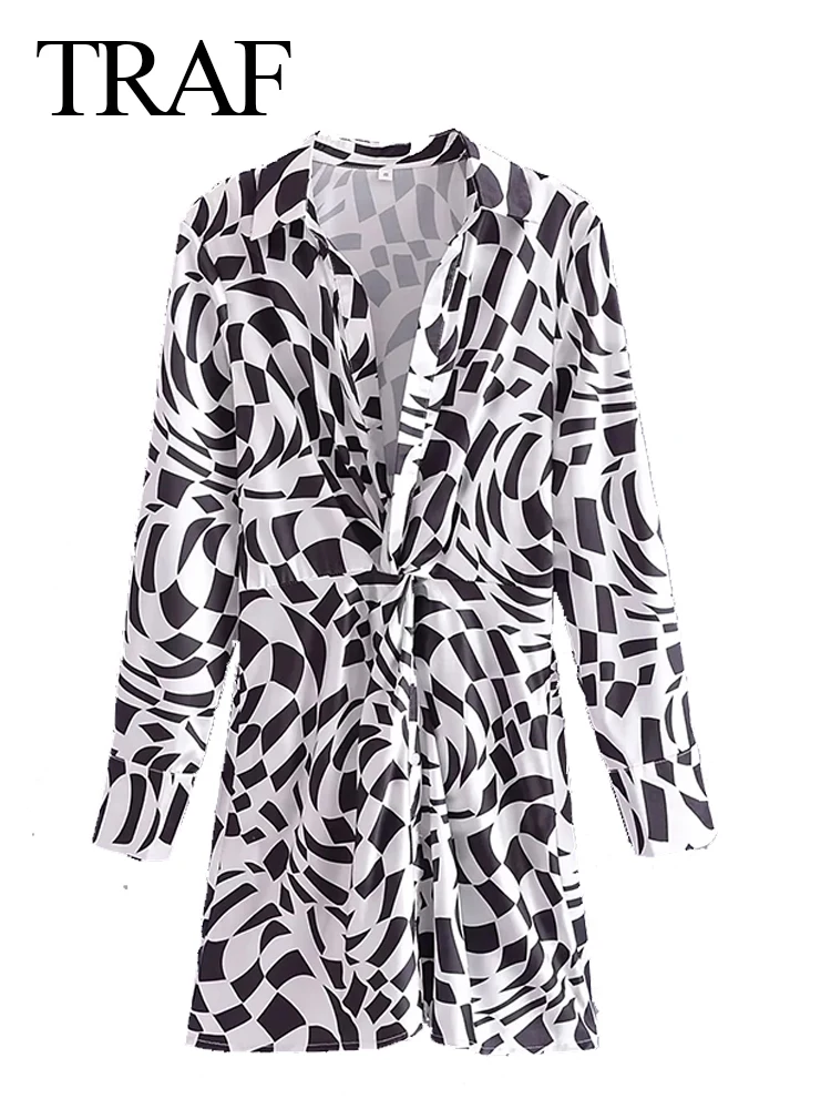 

TRAF Sexy V-Neck Shirt Style Waist Pleated Slim Fit Women's Dress Fashion Black White Plaid Swirl Print Short Ladies Dress