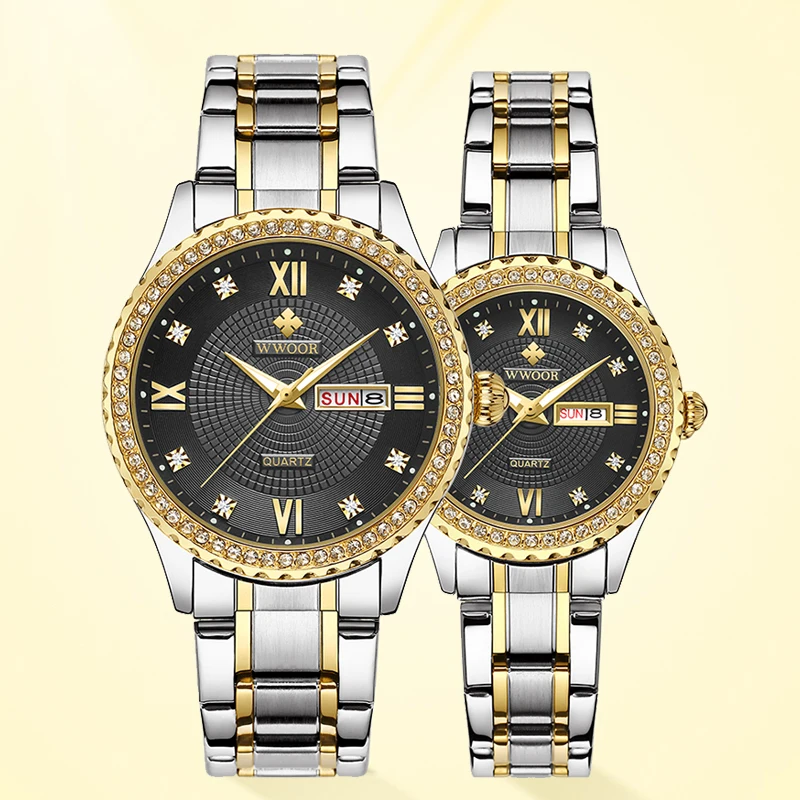 WWOOR Fashion Luxury Men Women Watch Gold Quartz Wristwatch Stainless Steel Couples Clock Waterproof Business Sport Mens Watches