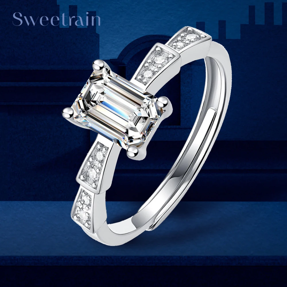 

Sweetrain Real Emerald Cut Moissanite Rings for Women 925 Sterling Silver Plated 18K Gold 1ct Diamond Wedding Ring Fine Jewelry