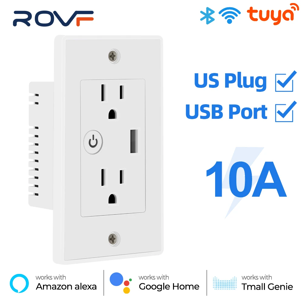 

ROVF 2 в 1 Tuya Wifi Smart Socket Us Plug Розетка Зарядное устройство Usb Зарядка Время жизни Приложение для Google Home Alexa Tmall Genie