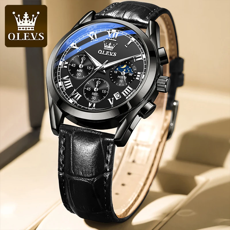 

OLEVS Men Luxury Multifunctional Chronograph Moon Phase Three Eyes Six Needles Waterproof Luminous Leather Strap Quartz Watches