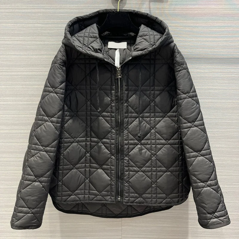 

2022 Korean High-quality Vintage Loose Down Cotton Padded Jackets Women Tops Hooded Black Warm Rhombus Coat Female Abrigo Mujer