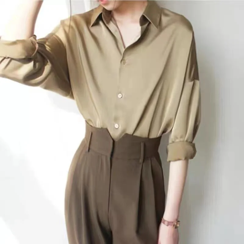 

Office Lady Satin Shirt Women Blouse French Style Loose Chic Shirt Tops Elegant Fashion Turn Down Collar Clothes Blusas 24296