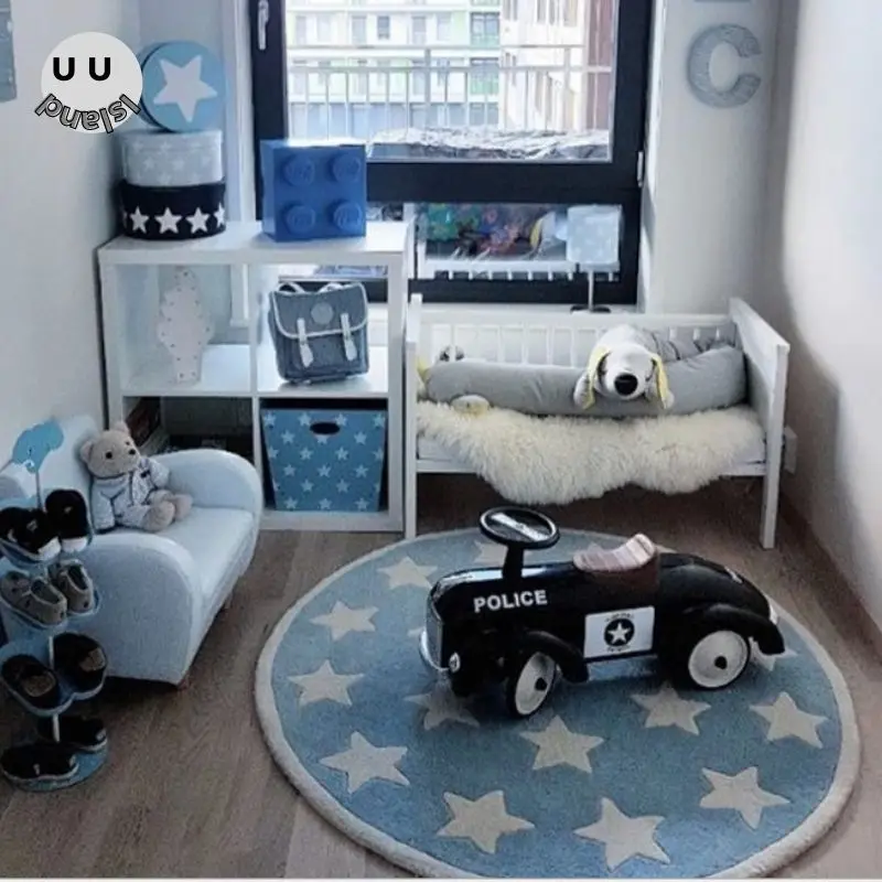 Синий ковер для детской комнаты Hair мягкий спальни круглый современный Пушистый