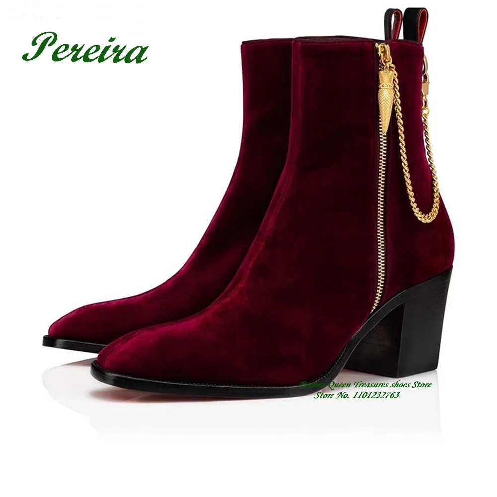 Chelsea Boots Red Velvet Genuine Leather Round Toe Handmade 