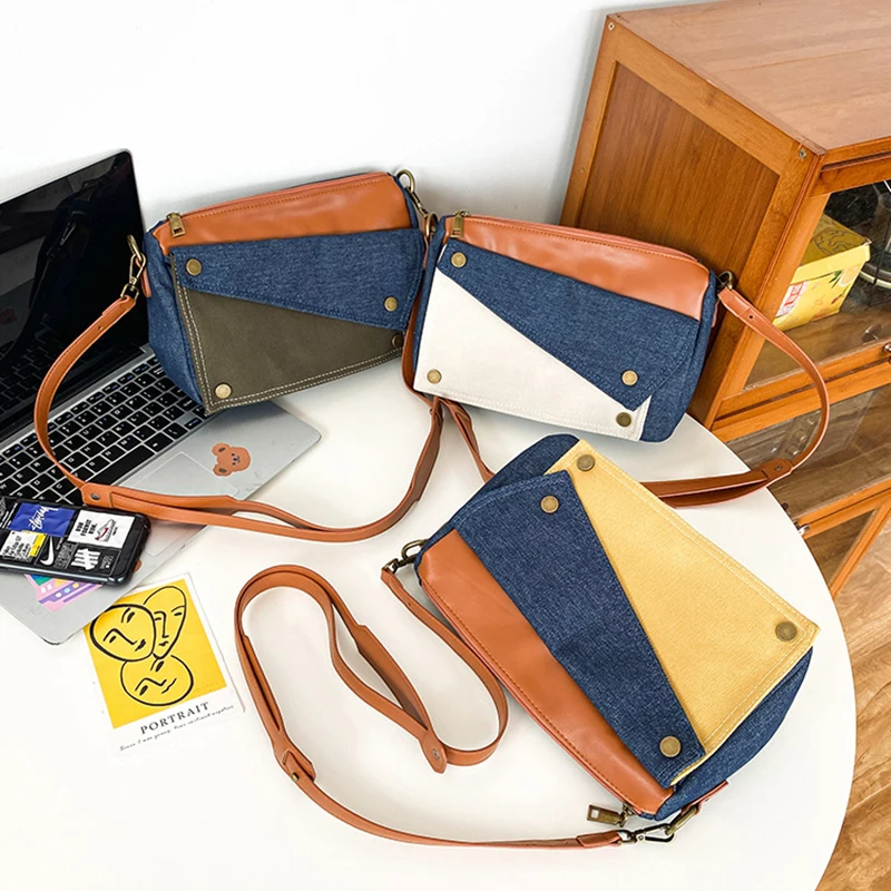 Contrast Color Fashion Women Crossbody Bags Denim Leather Splice Single Shoulder Messenger Bag Commuting Tote Satchel Versatile
