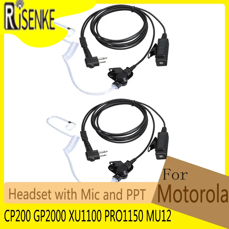 RISENEK Earpiece for Motorola CP200 GP2000 XU1100 PRO1150 MU12 Walkie Talkie 2 Pin Acoustic Tube Headset with Mic and PPT(2PCS)