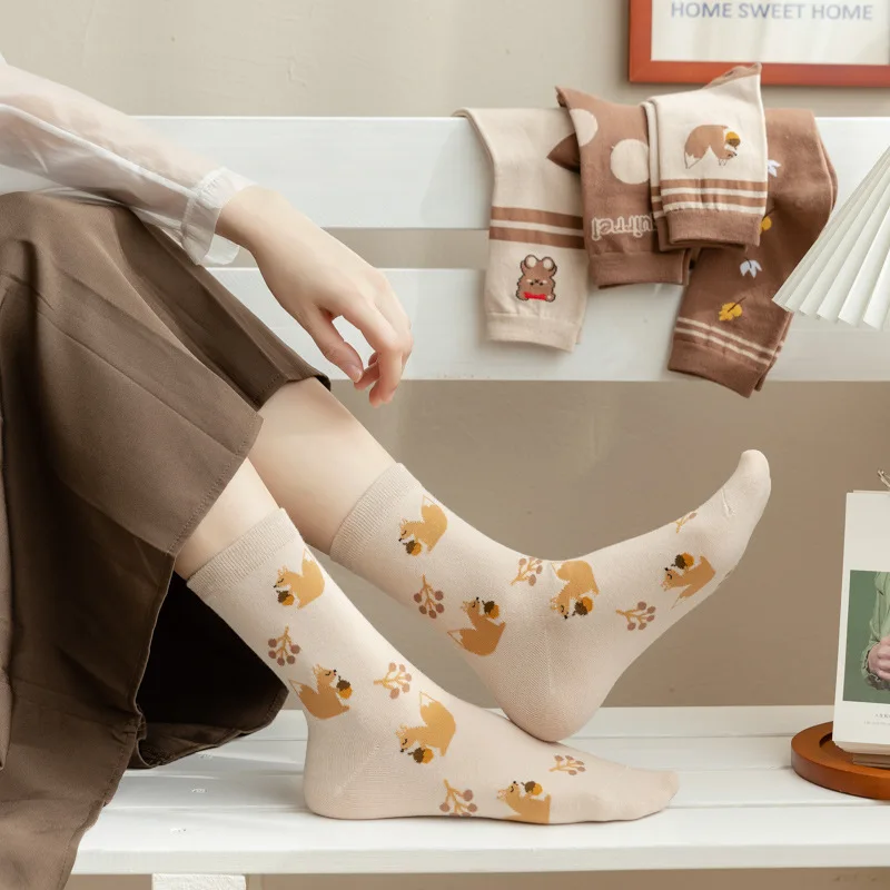10 Pairs Coffee Color Women Sock Cotton Thin Summer Fashion Flower Design Japanese Carton Student Style