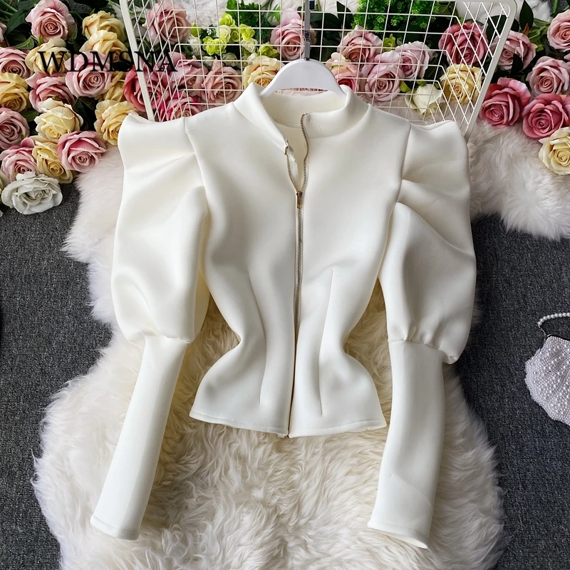 

WDMSNA Stand-up Collar Ladies Shirt 2022 New Autumn Palace Style Slim Blouse Femmes Fashion Puff Sleeve Blusas Crop Top Women