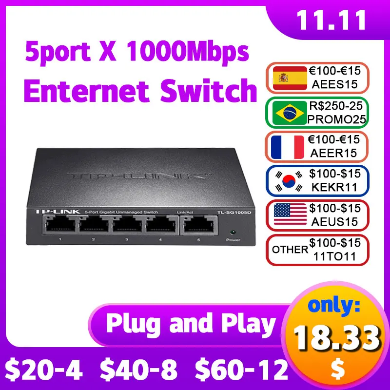 

TP-Link Gigabit Switch 5 Port Rj45 Network Splitter Hub Ethernet CAT5 Lan 1000M TL-SG1005D Monitor Internet Plug and Play