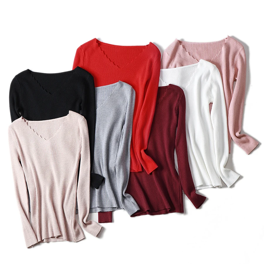 Женский Облегающий Свитер С V-образным Вырезом Эластичный Акриловый Пуловер