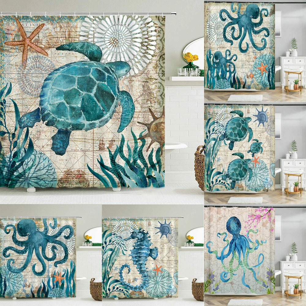 

3D Sea Turtle Octopus Printed Fabric Shower Curtains Waterproof Marine Life Bath Curtain for Bathroom Decoration with 12 Hooks