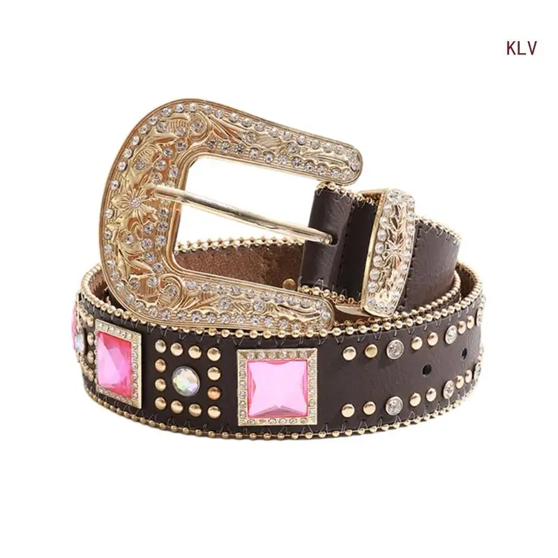 Shinning Relief Pattern Buckle Waist Belts for Jeans Adjustable Belt for Cowboy Cowgirl Teens Female Jeans Waistband