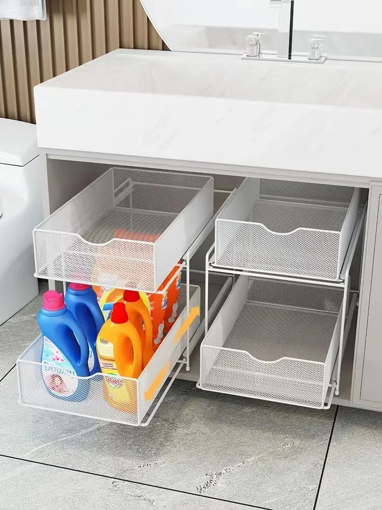 

Shelf Baskets Countertop Pantry 2 Tier Sliding Cabinet Basket Organizer Drawer Bathroom Pull-Out Double Shelf Under Sink Cabinet