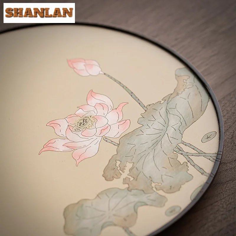 Круглый бамбуковый поднос для чая с лотосом расписанный вручную бутиковая