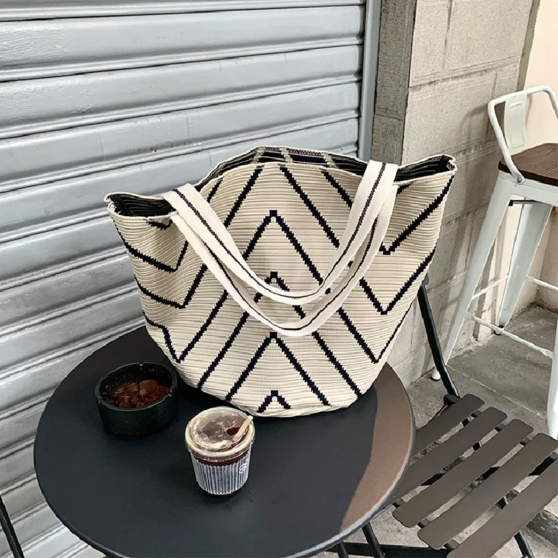 

Хлопковая тканая сумка-тоут для женщин, Повседневная вязаная сумка на плечо, вместительный шоппер, уличная дамская сумочка-Хобо с ручками для девушек