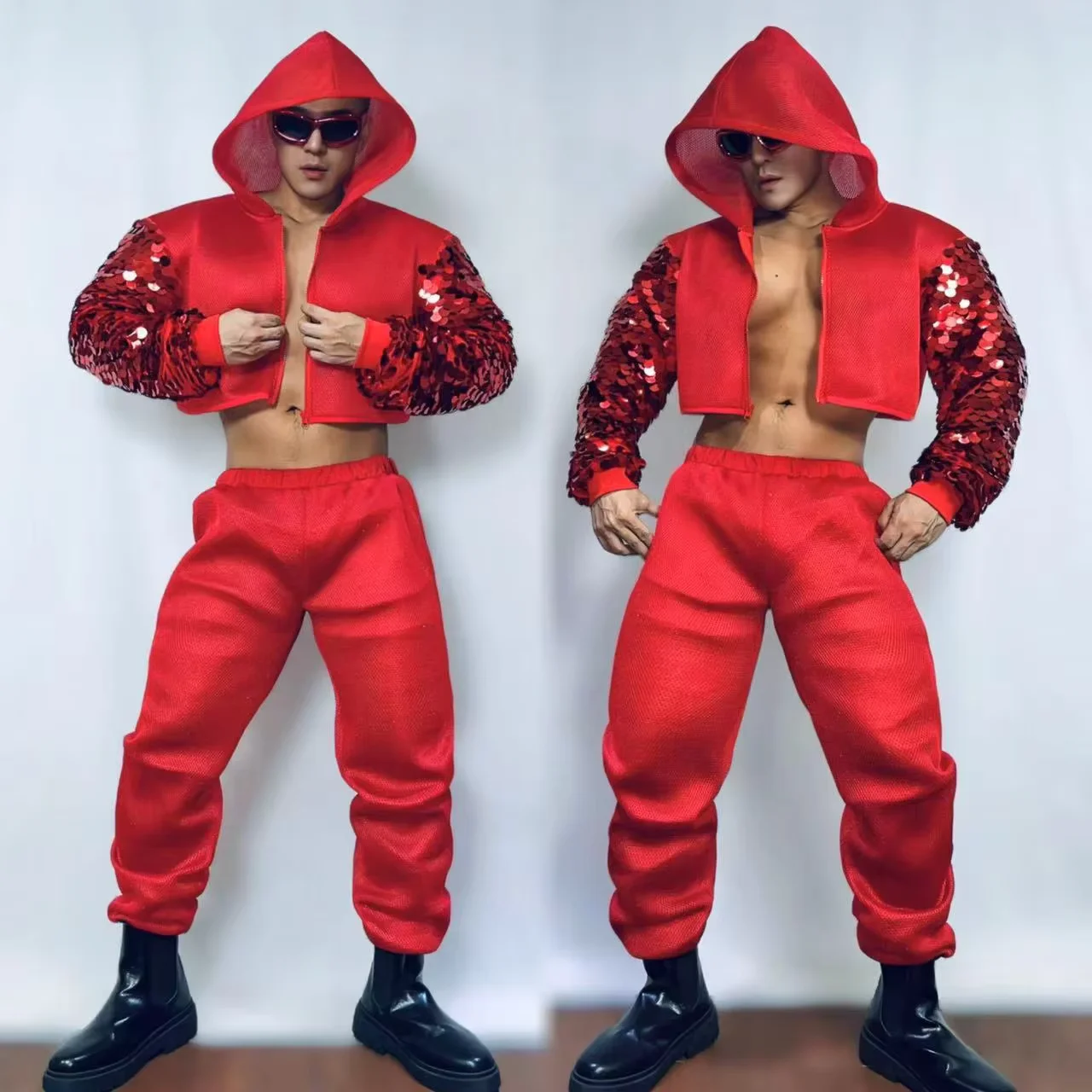 Men's Sexy Red Sequins Jazz Hip Hop Suits Nightclub Bar male Singer Gogo Dance Costumes (art.: 3920ca88bf815) - 3920ca88bf815