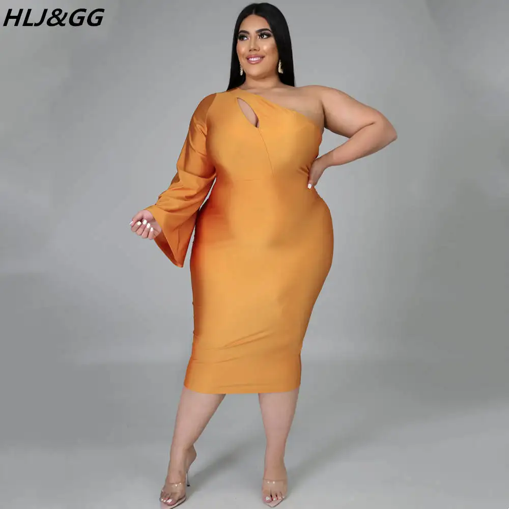 HLJ&GG Elegant Lady Satin One Shoulder Sleeve Party Club Dresses Plus Size Women Clothing 2XL-5XL Fashion Solid Hollow Mid Dress