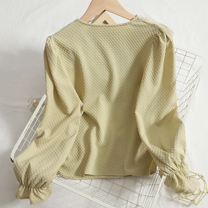 Женская кружевная блузка с оборками Корейская Свободная V-образным вырезом и