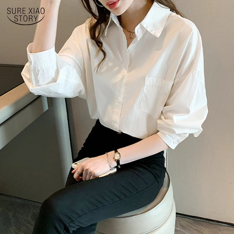 

Casual Pocket Button Woman Shirts Fashion Office Long Sleeve Blouse Women Autumn Loose White Shirt Female Top Blusas Mujer 23199