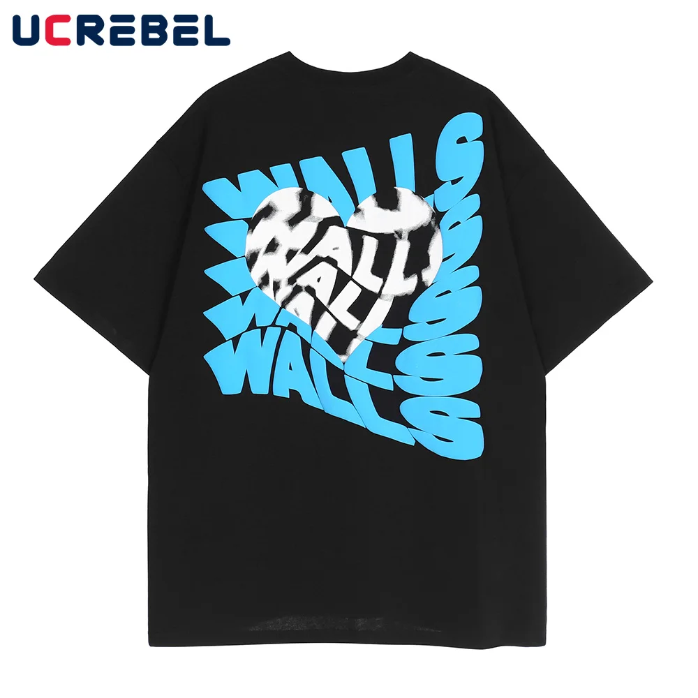 

Heart Print Short Sleeve T-shirt Men Casual Dome Half-Sleeve Tee Summer Streetwear Loose Shoulder Drop Cotton Top Men